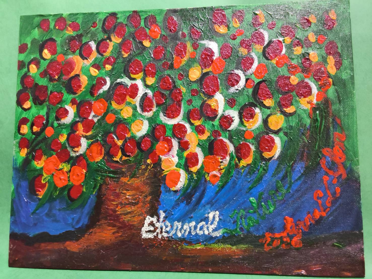 Eternal Nature, an original oil painting by Anna Ld. Chen featuring a red and orange flowering tree against vivid green and blue