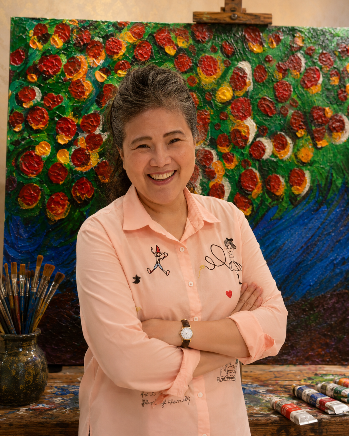 Oil painter Anna Ld. Chen in her studio beside her original painting