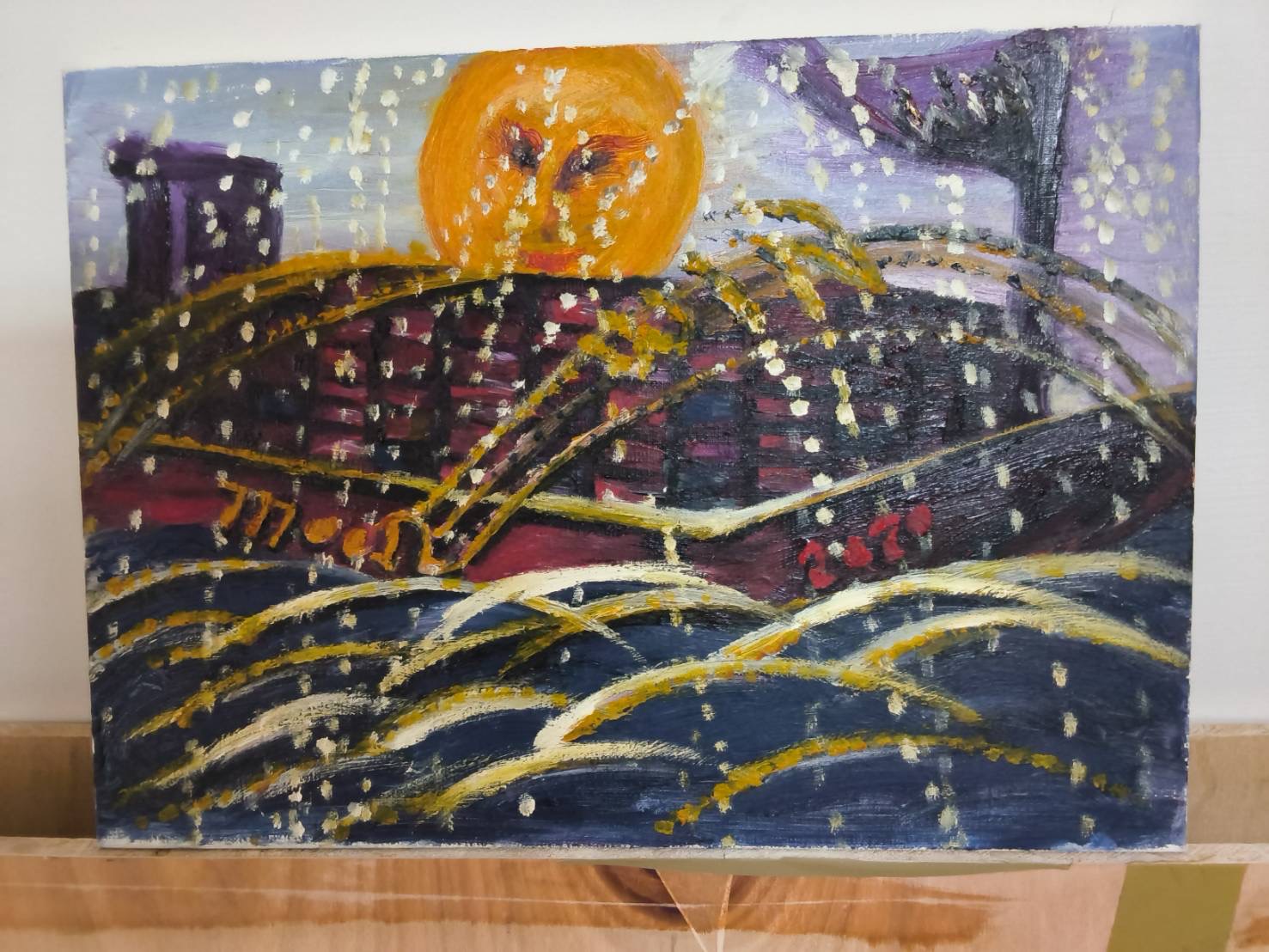 A golden face above a dark cityscape, flowing gold lines and falling white marks